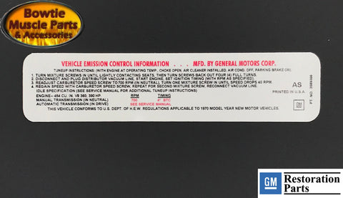 1970 Chevy 454 Emissions Tune-Up Decal 4-Speed Manual Trans GM Licensed 3989366