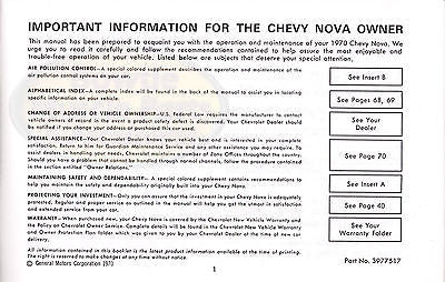 1970 70 Nova Factory Correct Owners Manual Operators Operation Owner's