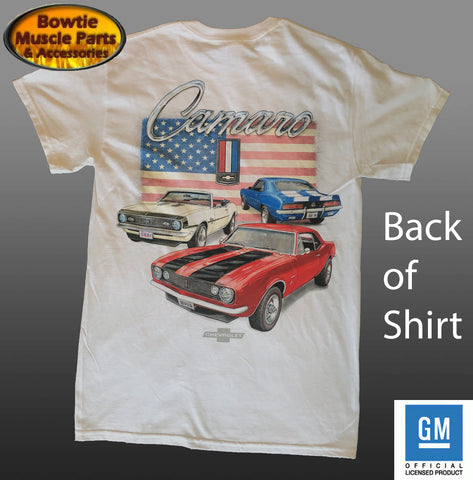 67 68 69 CAMARO USA AMERICAN FLAG T-SHIRT TEE SHIRT WHITE OFFICIALLY GM LICENSED