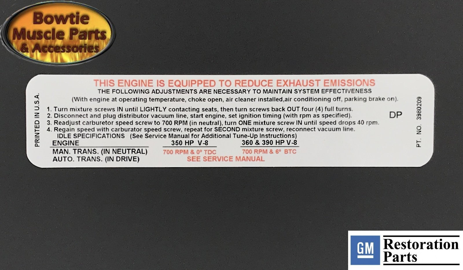 1970 Chevy Emissions Tune‑Up Decal – 396/350HP 454/360HP Camaro Chevelle Impala