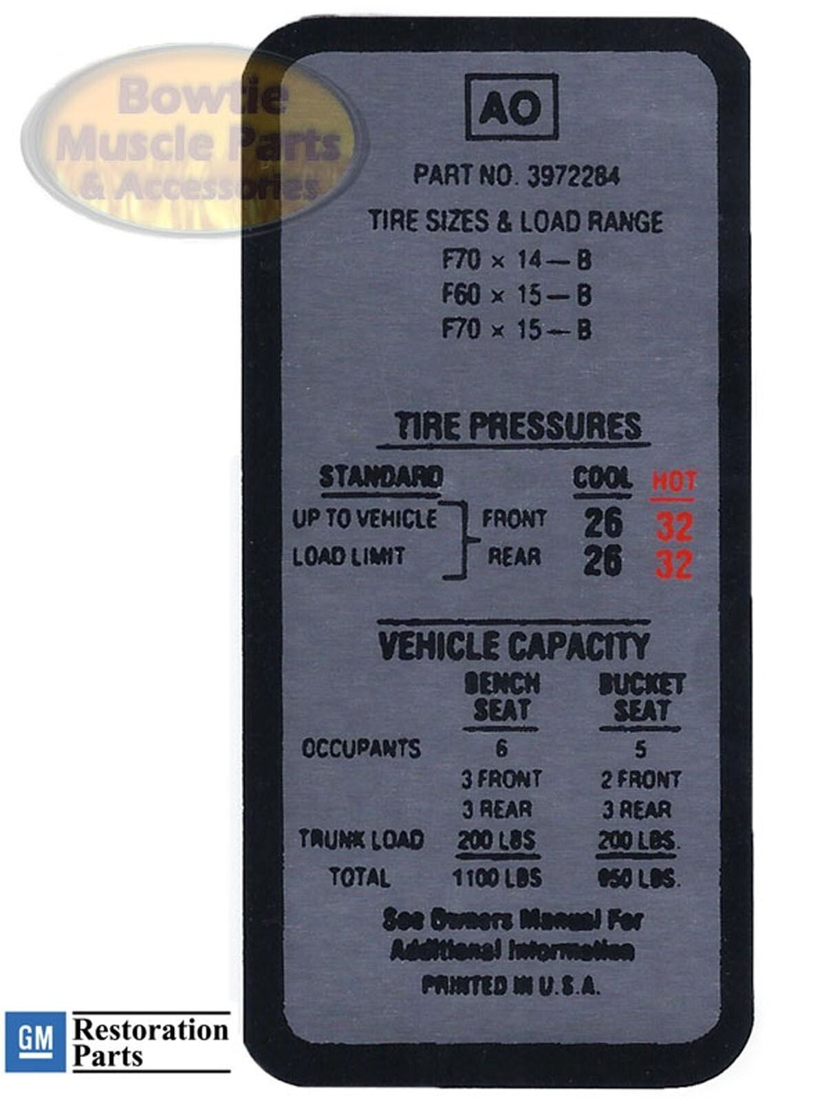 1969‑1970 Tire Pressure Decal – F70x14 F60x14 F70x15 – Chevy Models – 3972284 AO