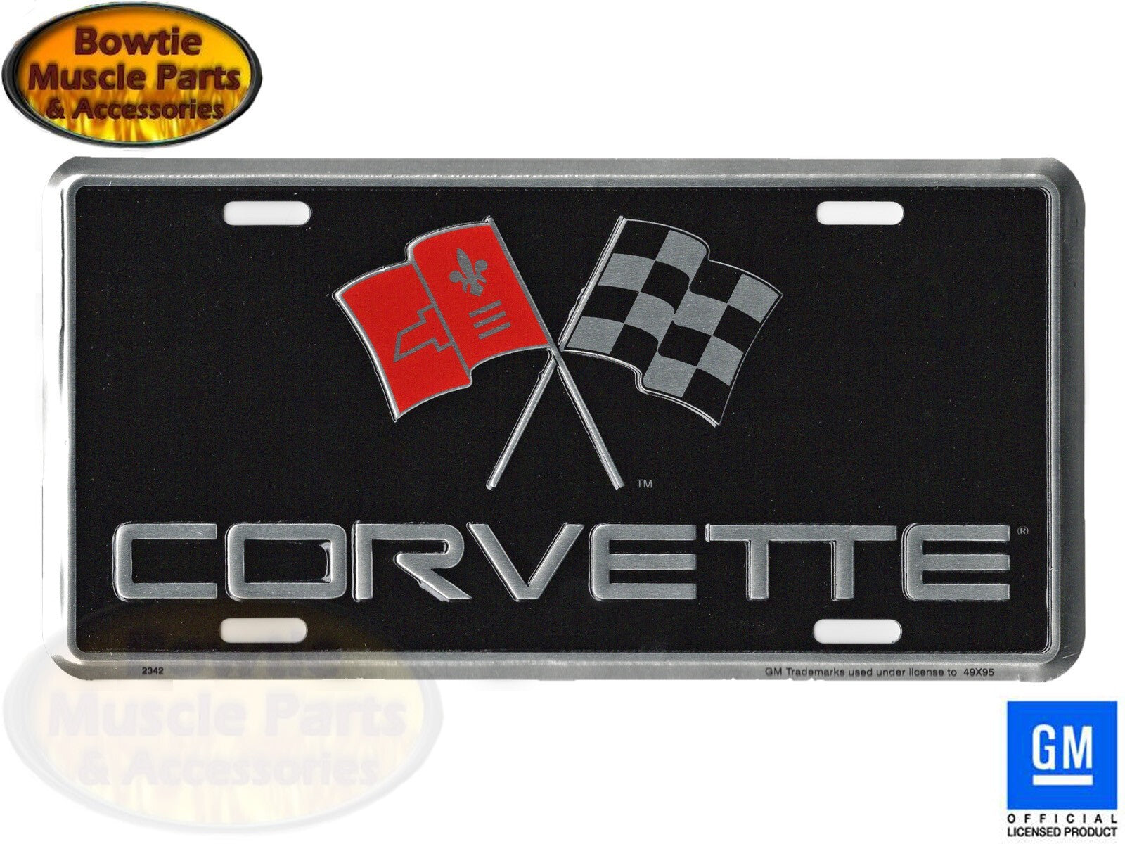 Corvette Crossed Flags License Plate Embossed Aluminum Black/Silver GM Licensed