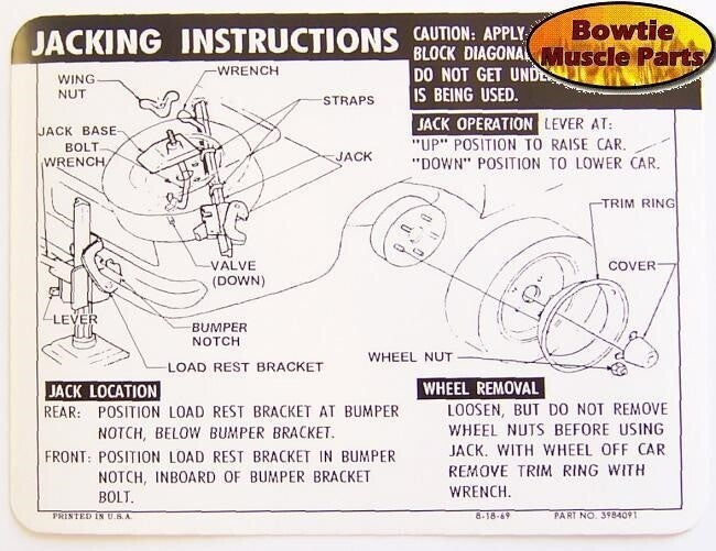 1969 Camaro SS Jacking Instructions Trunk Decal – RPO N66 Wheels – 3984091