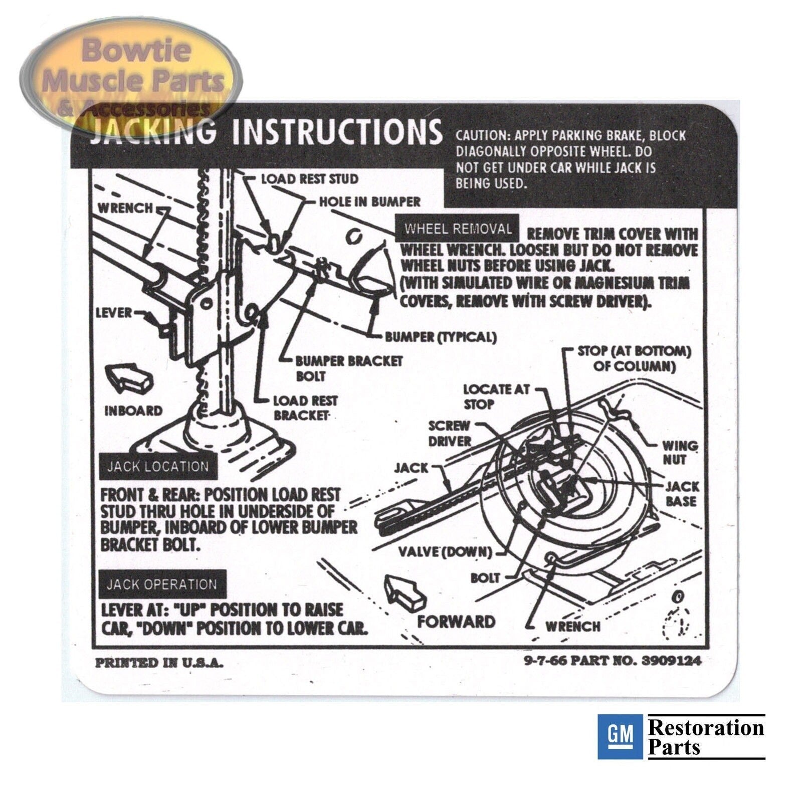 1967–68 Camaro Coupe Jacking Instructions Trunk Decal – Regular Spare – 3909124