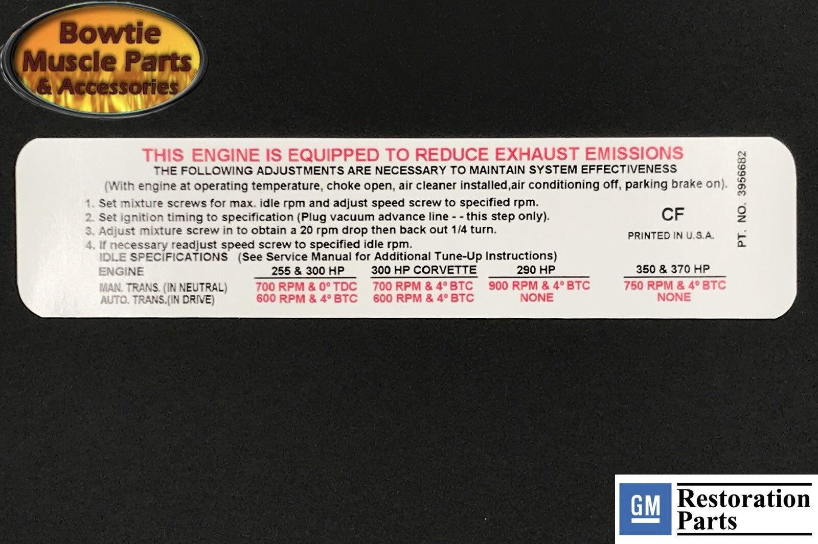 1969 Camaro Nova Chevelle Corvette Emissions Tune‑Up Decal – CF 3956682 302 350