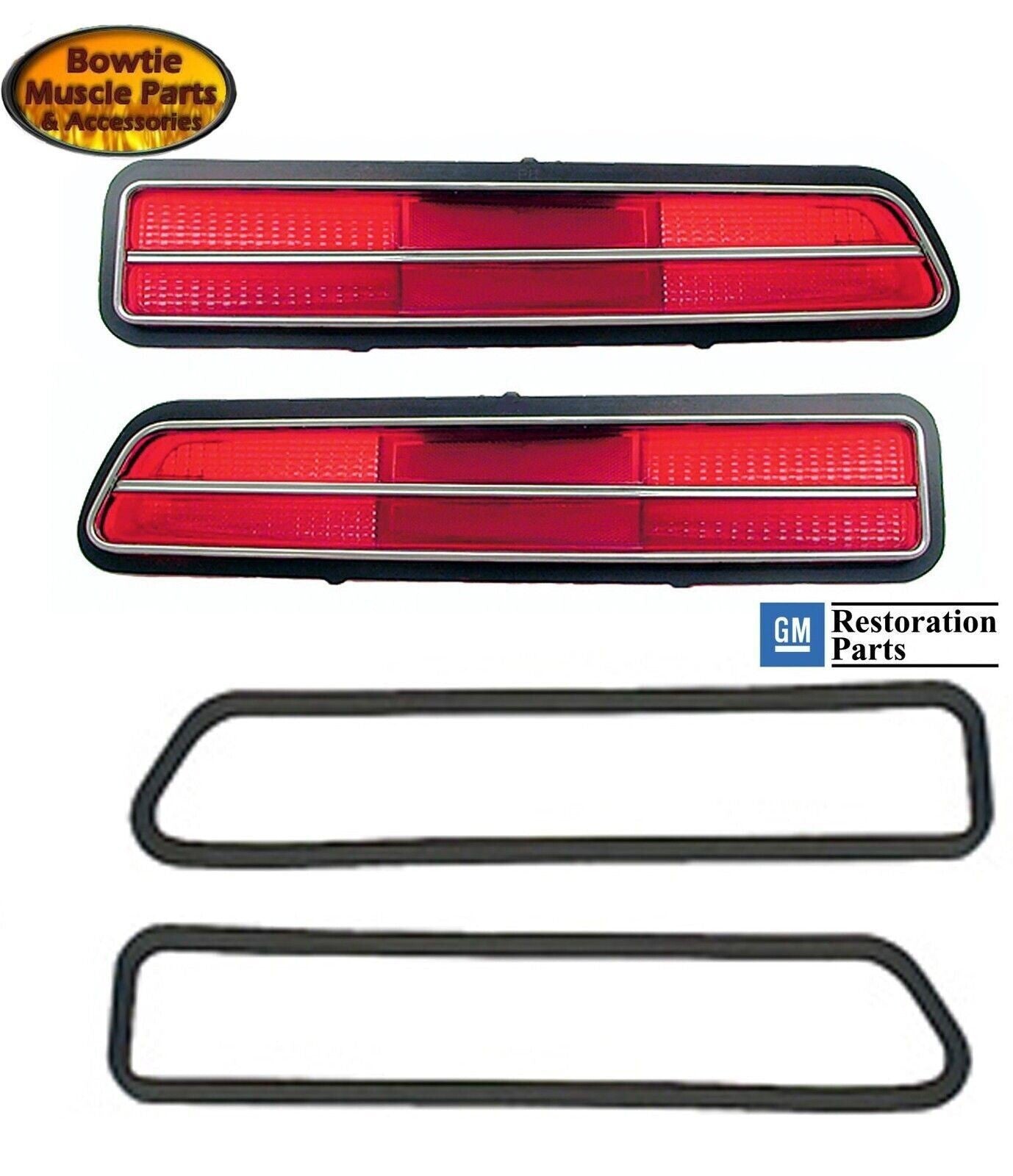 69 Camaro RS Tail Light Lens Pair w/ Stainless Trim & OE Seals Guide Script
