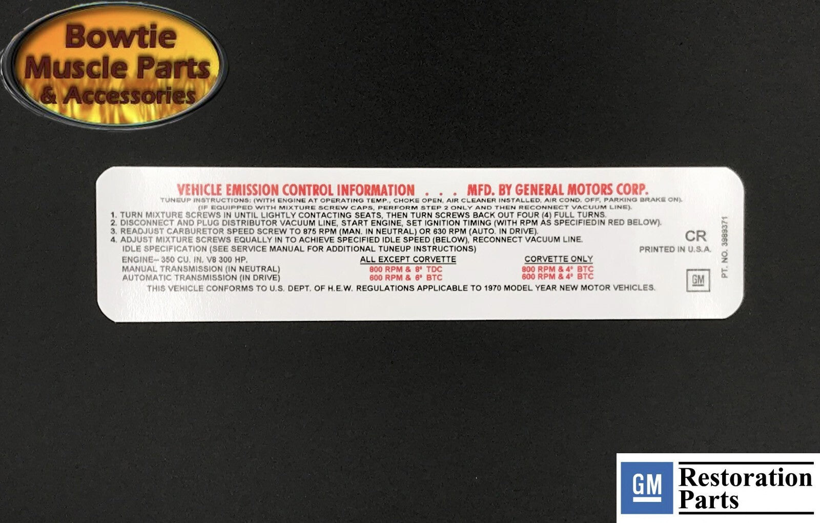 1970 Chevy Emissions Tune‑Up Decal – 350/300HP Camaro Chevelle Nova Impala CR