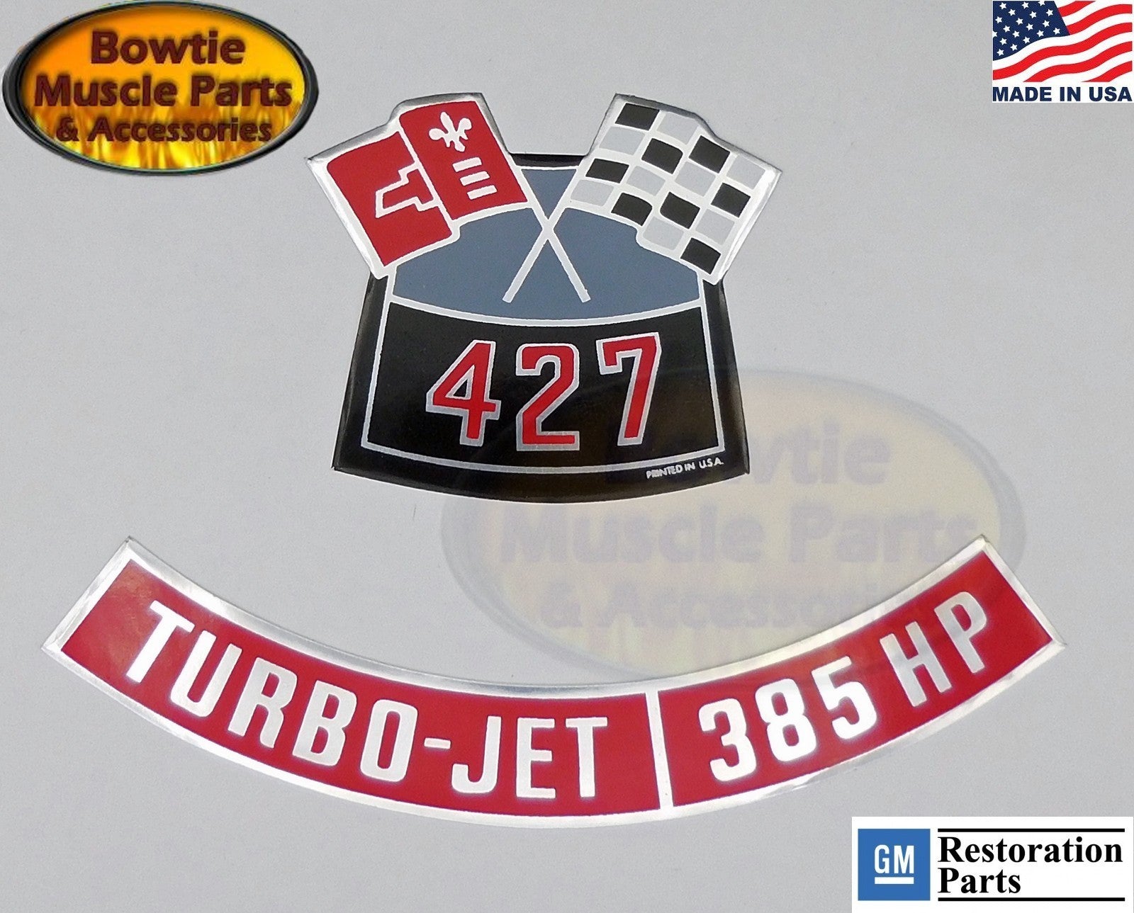 1967 427 385HP Turbo‑Jet Crossed‑Flags Decal Set Impala Caprice Bel Air Biscayne