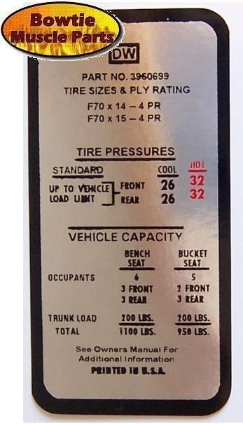 1969 Camaro SS Chevelle SS Tire Pressure Decal – DW 3960699 – GM Restoration