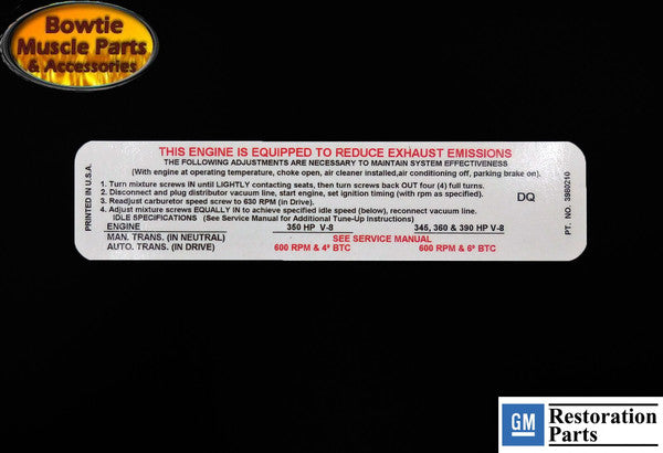 1970 Chevy Camaro Chevelle Corvette Nova Emissions Tune-Up Decal | GM Part DQ3980210
