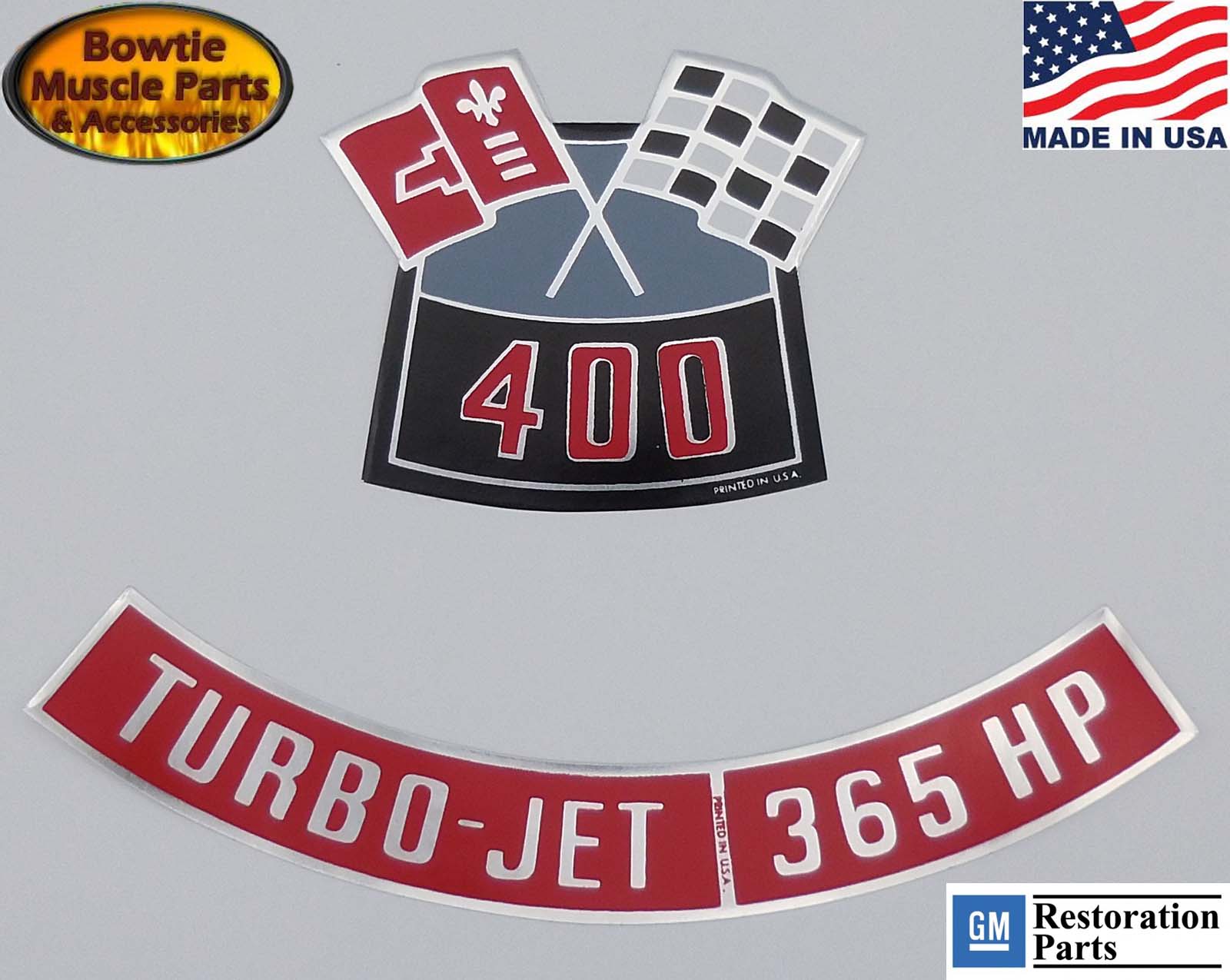 400 Turbo‑Jet 365 HP Crossed‑Flags Air Cleaner Decal Set – USA Made – GM