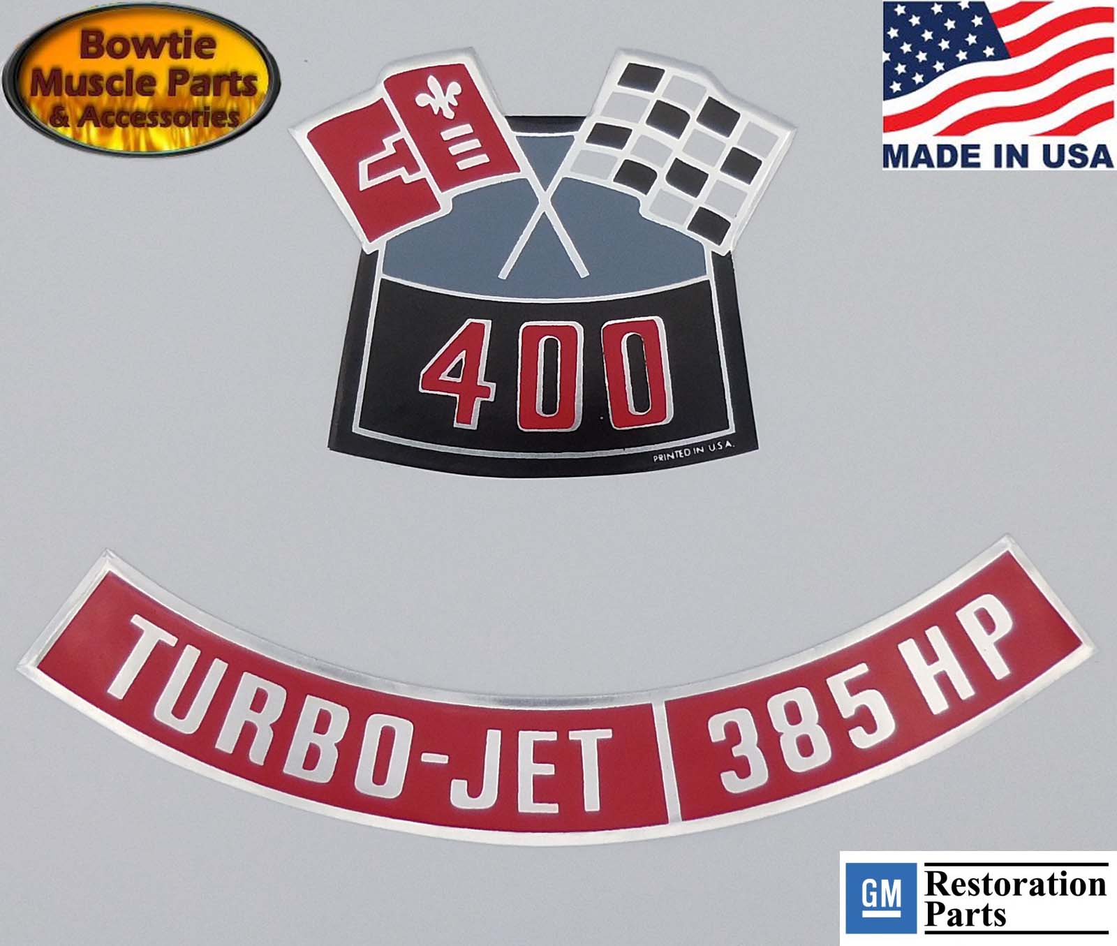 400 Turbo‑Jet 385 HP Crossed‑Flags Air Cleaner Decal Set – USA Made – GM