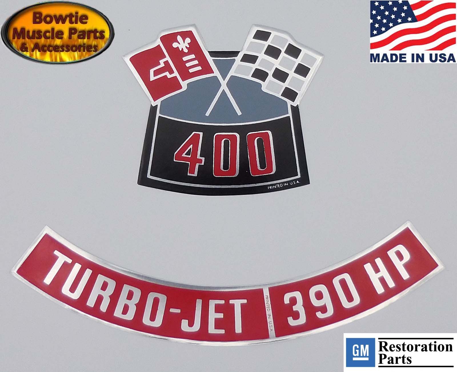 400 Turbo‑Jet 390 HP Crossed‑Flags Air Cleaner Decal Set – USA Made – GM
