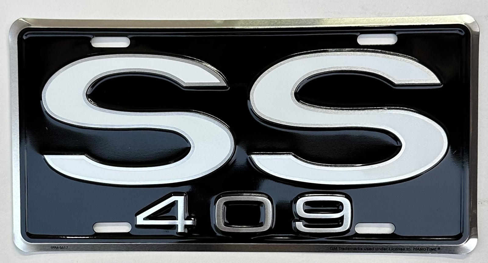 Chevrolet 409 License Plate – Embossed Aluminum Black/Silver GM Licensed Tag