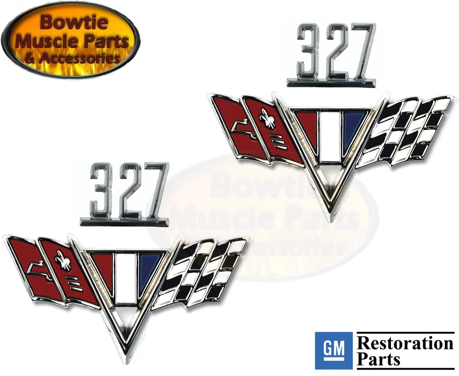 65 66 67 CAMARO CHEVELLE IMPALA NOVA 327 V-FLAGS FENDER EMBLEM PAIR SET 3865834