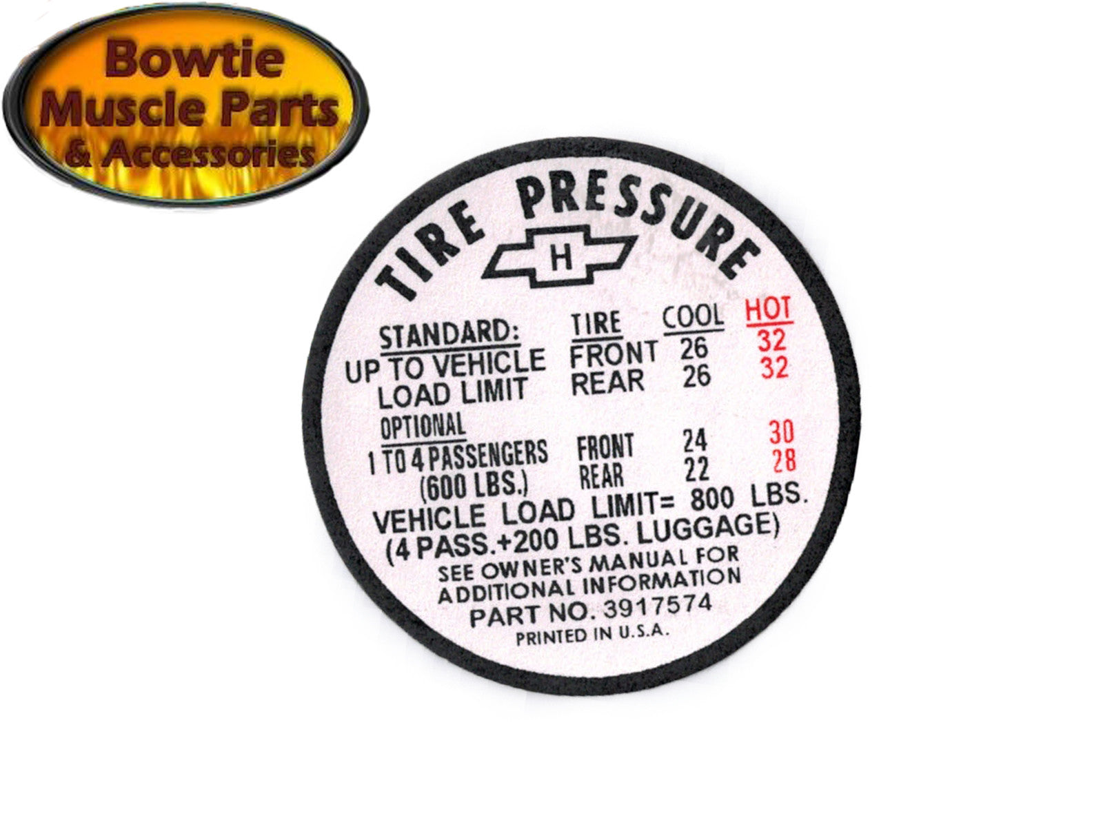 1967 67 CAMARO SS 350 396 CONVERTIBLE TIRE PRESSURE DECAL 3917574 AFTER 11/66