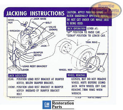 1969 69 CAMARO CONVERTIBLE SS JACK JACKING INSTRUCTIONS TRUNK DECAL N66 3984092