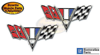 65 66 67 IMPALA CAMARO CHEVELLE NOVA FENDER V FLAG EMBLEM SMALL BLOCK - PAIR