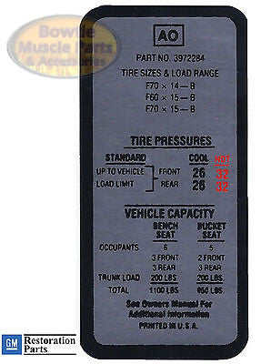 69 70 IMPALA CHEVELLE CAMARO TIRE PRESSURE DECAL F70 X 14  F70 X 15 3972284 AO