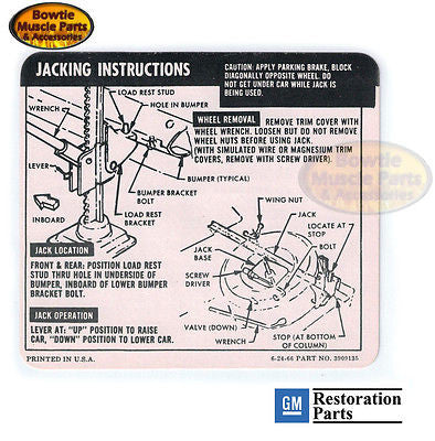 67 68 CAMARO CONVERTIBLE SPARE TIRE JACK JACKING INSTRUCTIONS TRUNK DECAL