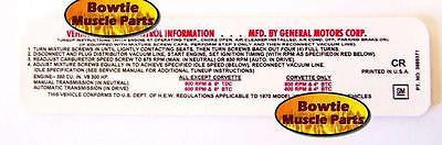 70 CORVETTE NOVA 350 300HP EMISSIONS TUNE UP DECAL LATE
