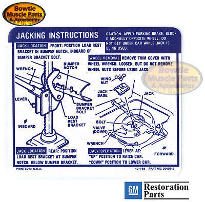 69 CAMARO CONVERTIBLE SPARE TIRE JACK JACKING INSTRUCTIONS TRUNK DECAL 3949513