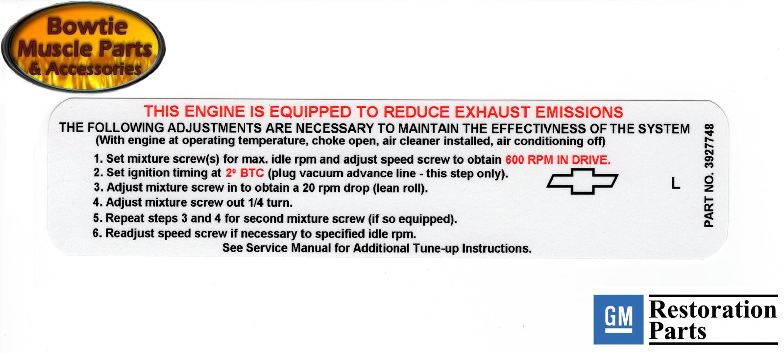 68 EMISSIONS TUNE-UP DECAL 1968 CAMARO CHEVELLE NOVA IMPALA 307 327 3927748