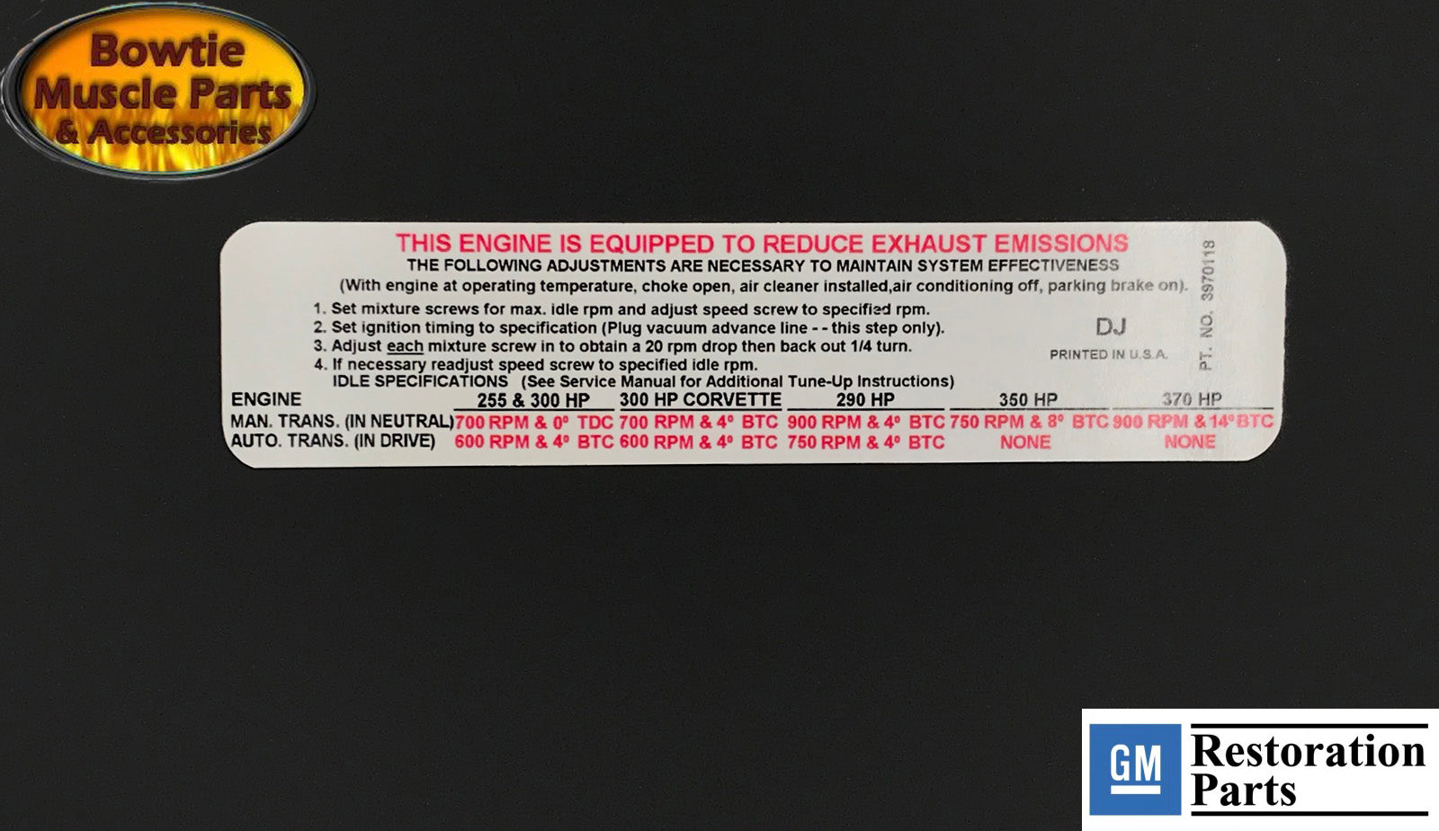 69 Camaro Chevelle Corvette Nova Emissions Tune Up Decal 3970118 DJ 302 350