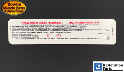 70 454 460HP LS7 COREVETTE EMISSIONS TUNE-UP DECAL LATE