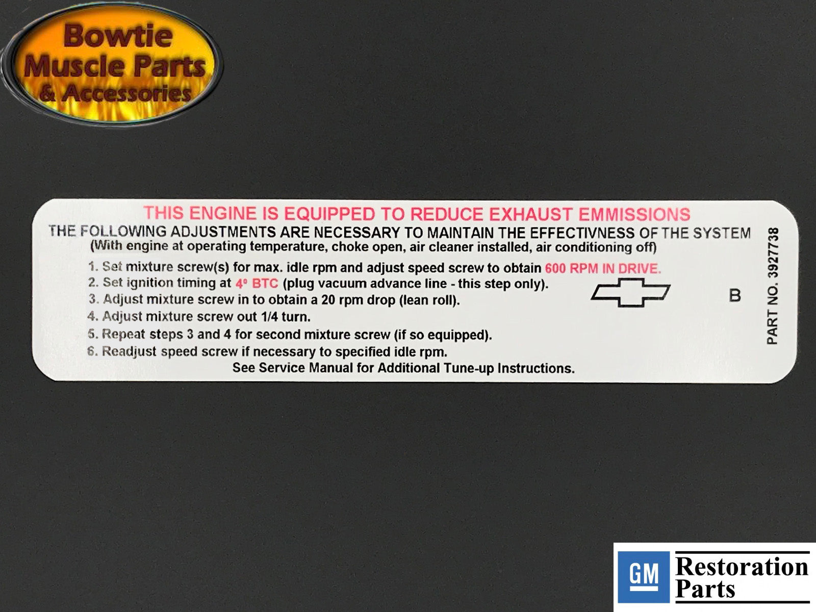 68 CAMARO NOVA CHEVELLE CORVETTE 327 396 427 A/T Emissions Tune Up Decal 3927738